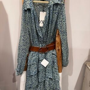 Zara Teal and Navy Leopard Cheetah Ruffle Belted Dress